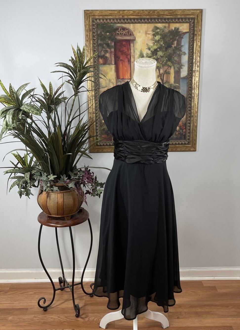 D.F. Summers Women' 10 Black Chiffon Halter Formal Midi Dress Ruched Waist Fairy